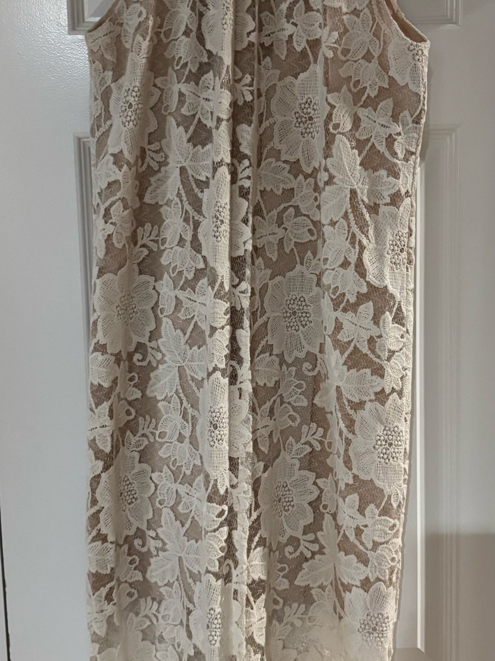 Trina Turk Beige Maxi Dress with White Floral Lace Overlay